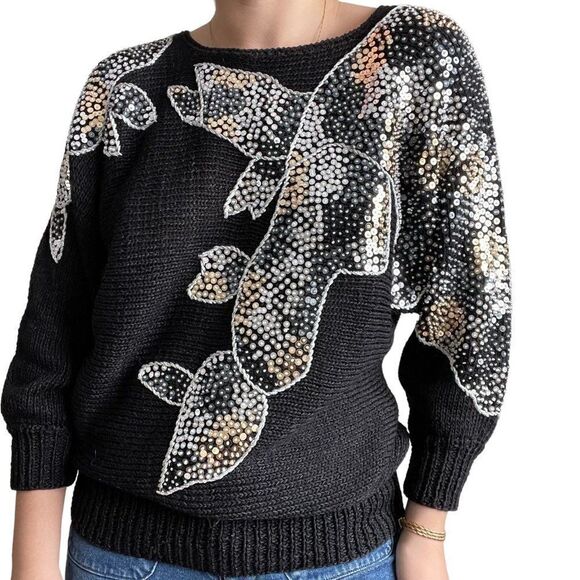 Vintage 80s Womens Black Metallic Sequen Hand Knit Retro Disco Sweater Sz M - Picture 6 of 10